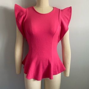 Dramatic Shoulder Stretchy Hot Pink Peplum Top, US Size Extra Small